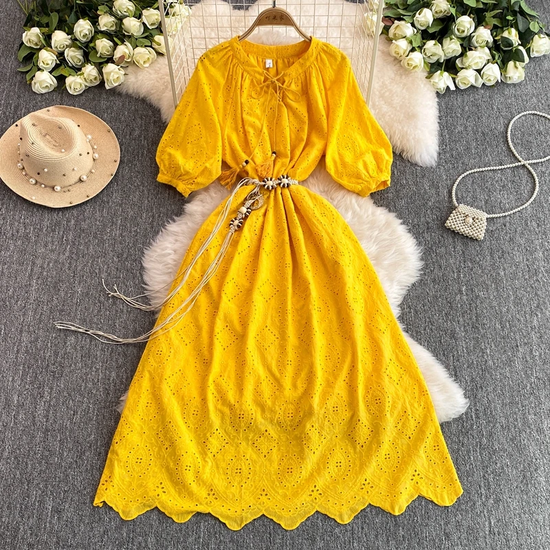 

2025 Summer Party Dress French Loose V-Neck Middle Sleeve Yellow Dress