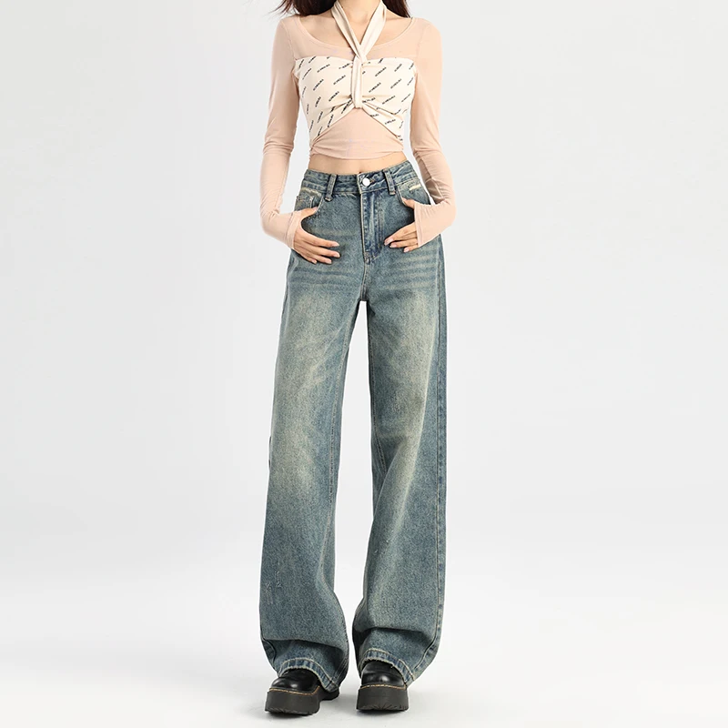 Pantalones vaqueros informales sueltos de cintura alta, pantalones acampanados largos hasta el suelo, pantalones vaqueros de estilo americano Retro Azul de pierna ancha