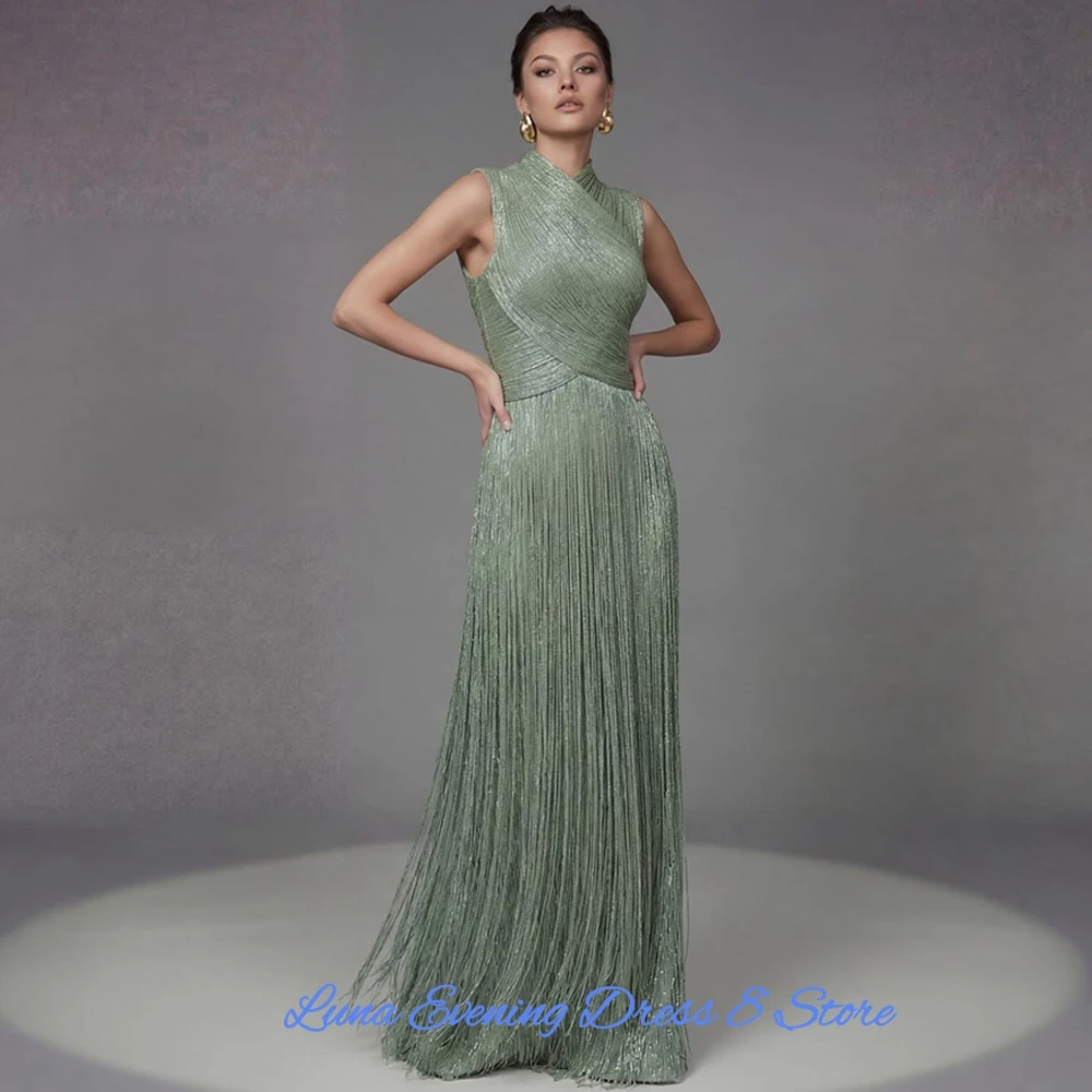 Modern Green Jersey Evening Dress Classic High Collar Sleeveless Customized Party Dresses Fashion Tassel Special Occasion Gowns image 3