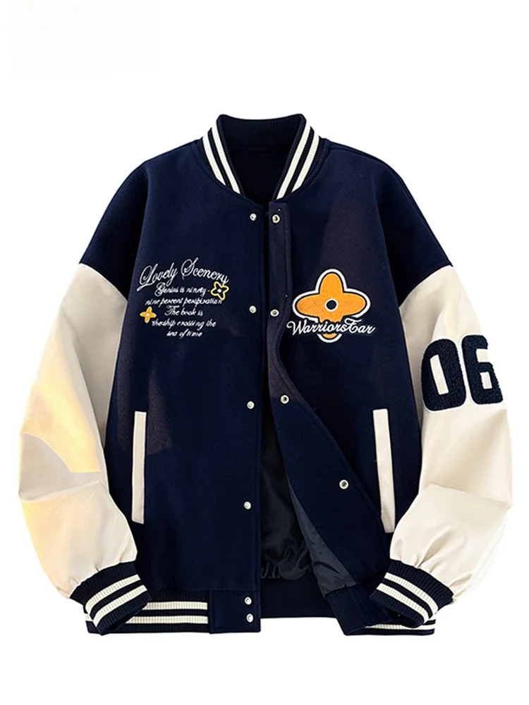 

Loose Fit Baseball Jaet with Embroidery Letter Design Men's Spring Autumn American Trendy Button up Sve Leather Outerwear