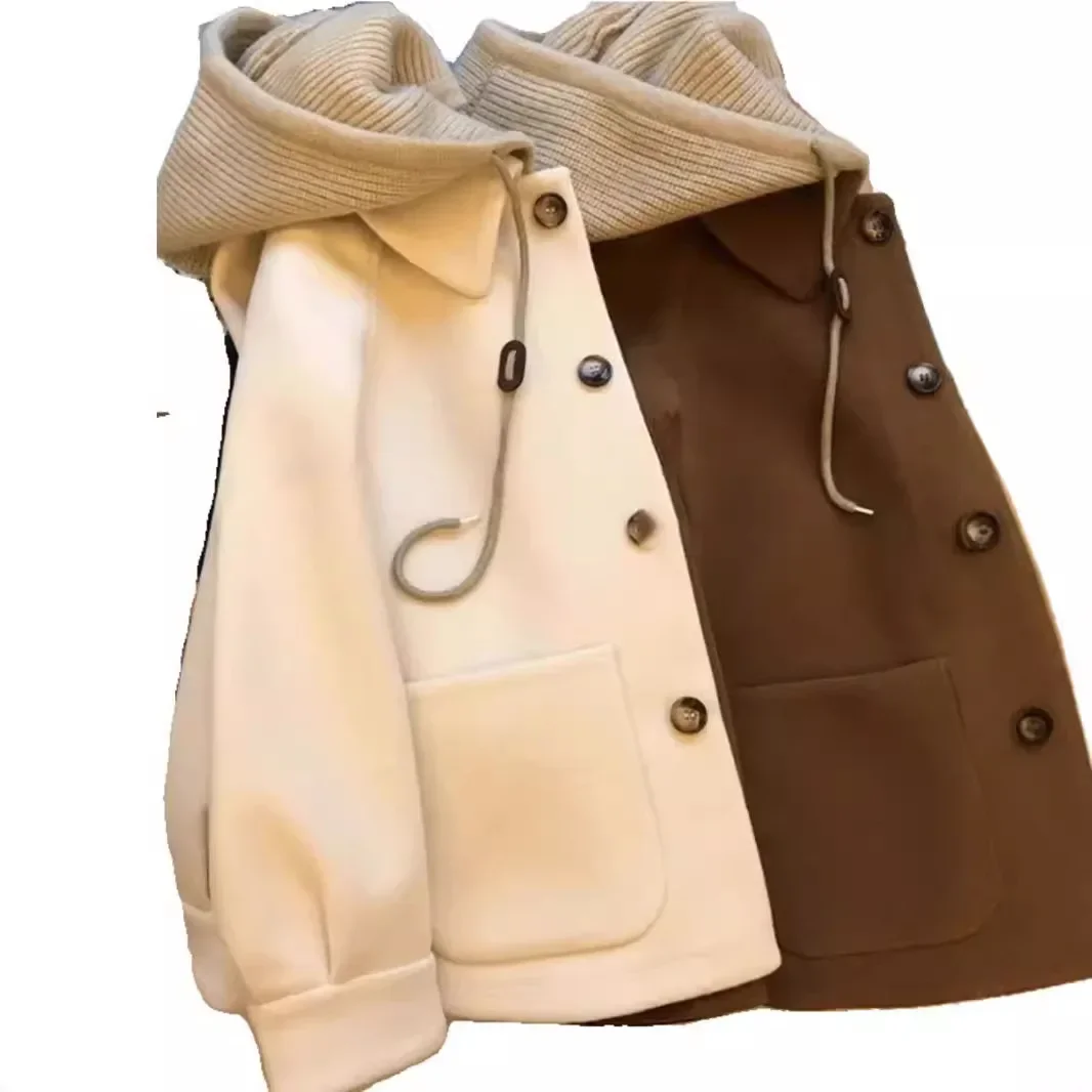 المرأة محبوك معطف الصوف خمر فضفاضة تناسب قبعة تصميم سميكة الكورية نمط الخريف الشتاء ملابس خارجية معطف غير رسمي عصري