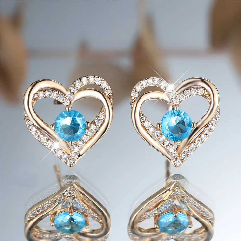 Cute Female Crystal Water Blue Zircon Round Stone Love Heart Stud Earrings Gold Color Wedding Jewelry For Women