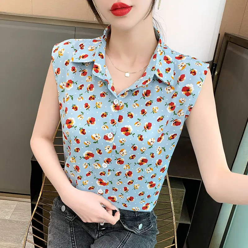 Summer Women Clothing Sleeveless Printed Chiffon Shorts Turn-down Collar Women Blouse Tops