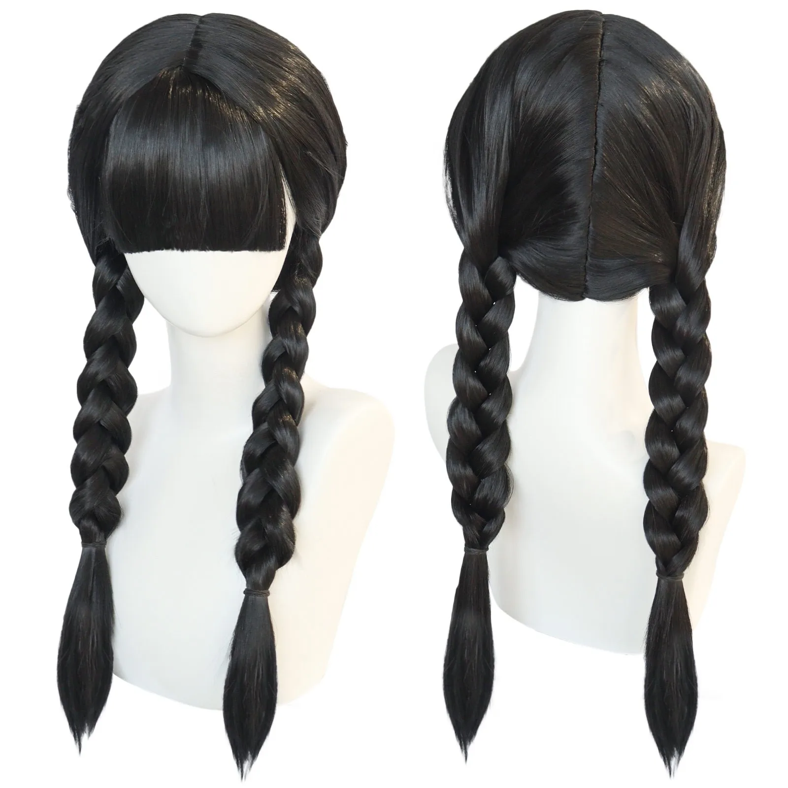 Anogol Synthetic Wednesday Addams Cosplay Wig Movie The Addams Family Long Black Braids Hair with Bangs for Halloween Party