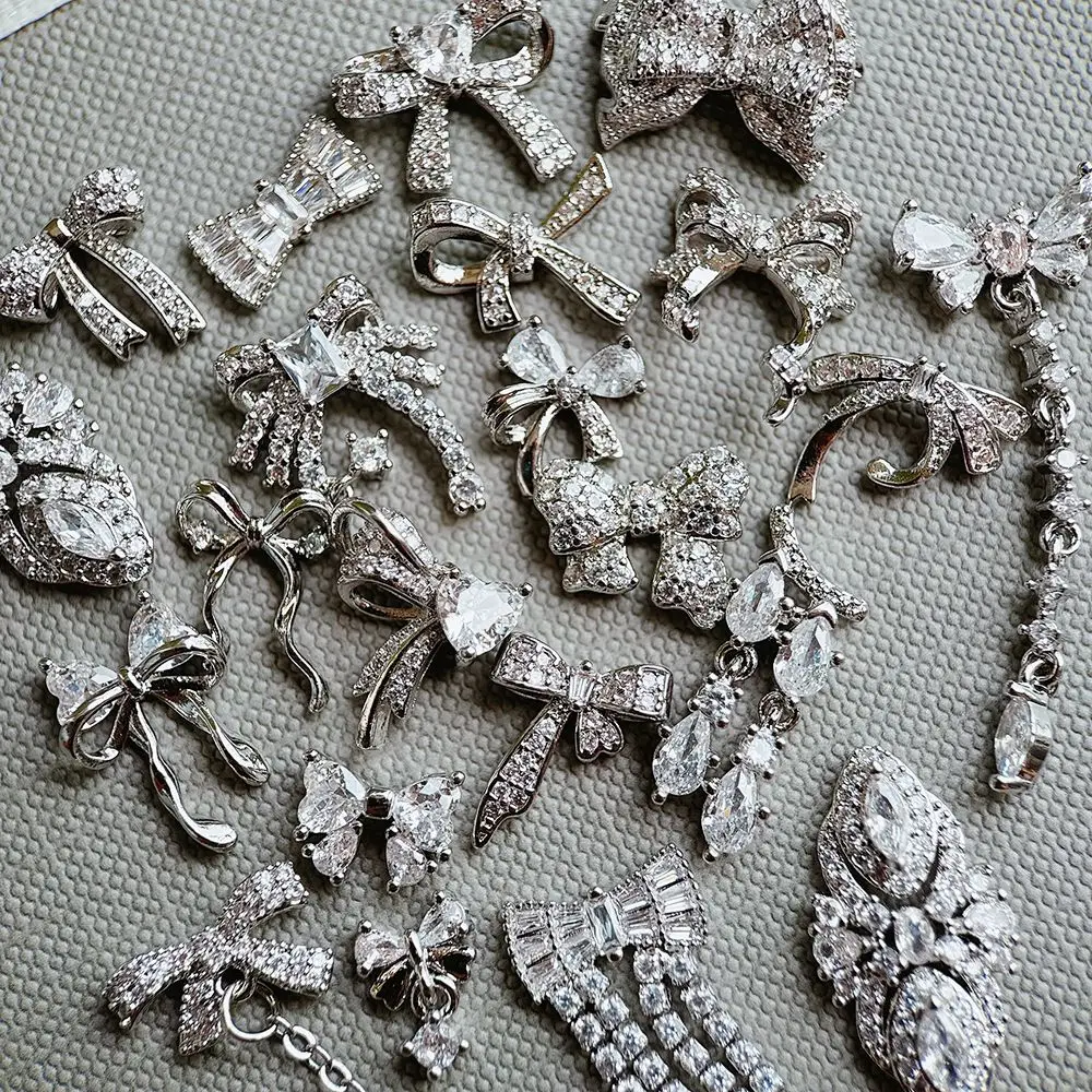 

10 шт. серебристых ромбовидных украшений для ногтей с бантиками, кисточками и цирконами, для самостоятельного дизайна, аксессуары для нейл-арта, детали и комплектующие