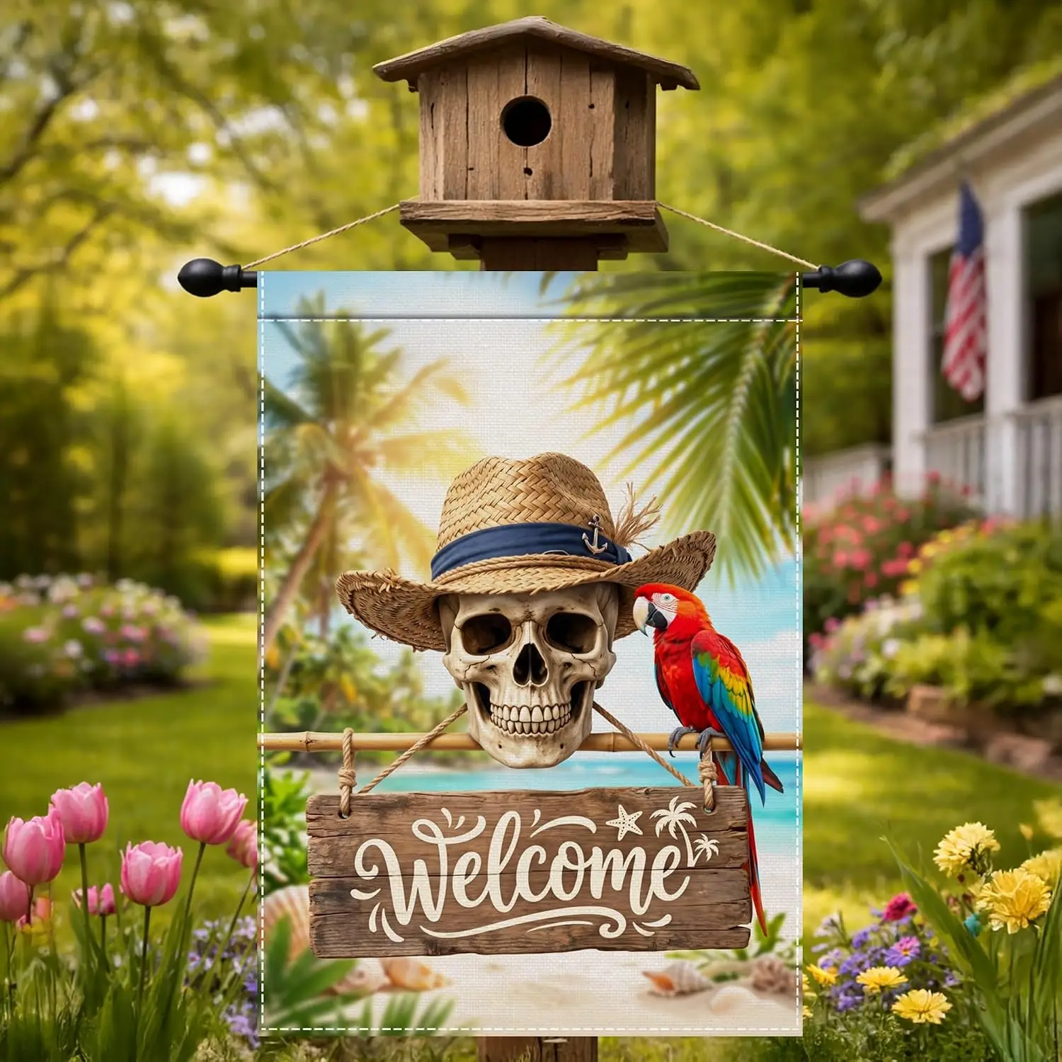 Skeleton Parrot Pirate Garden Flag 12x18 Inch Yard Decor | Double sided polyester, tropical skull artwork, beach halloween t llp