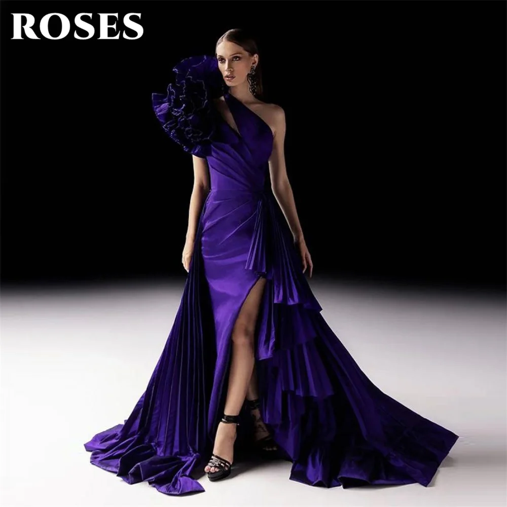Vestido de Noche Formal Morado Oscuro ROSES con un Hombro Descubierto, Vestido de Fiesta con Flores Grandes, Abertura Lateral, Estilo Moderno, Personalizado