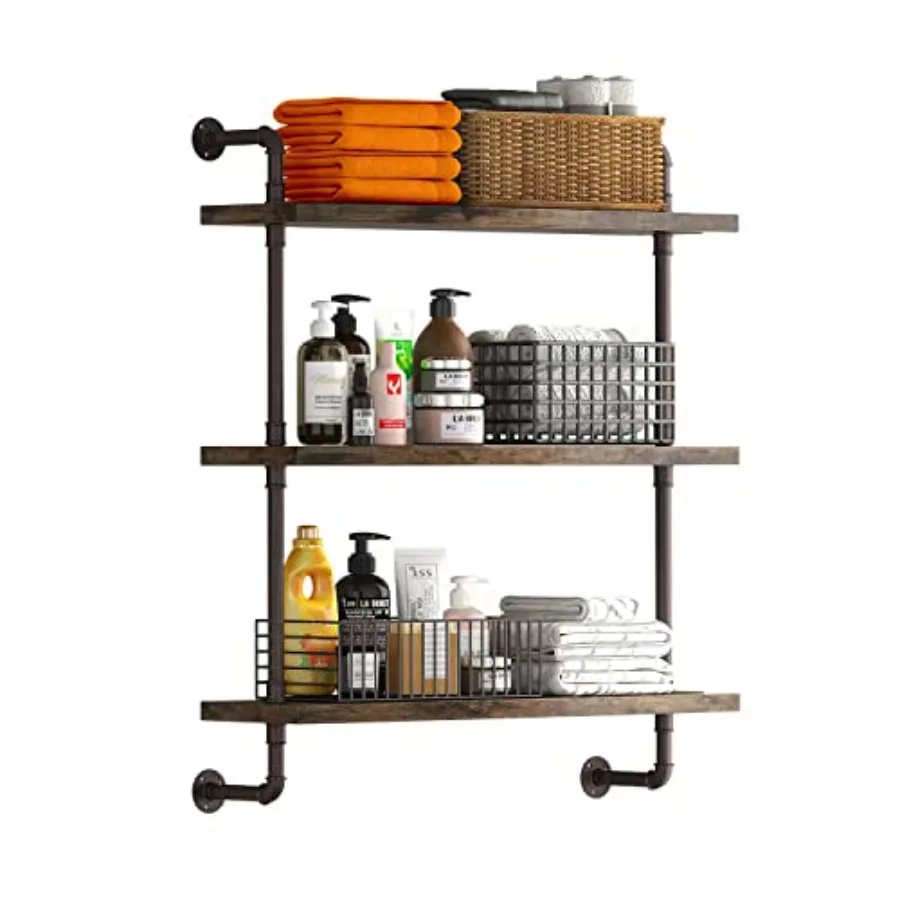 

3 Tier Industrial Pipe Shelf Rustic Wood Floating Wall Display Bookshelf Storage Rack for Kitchen Office Bathroom Organization