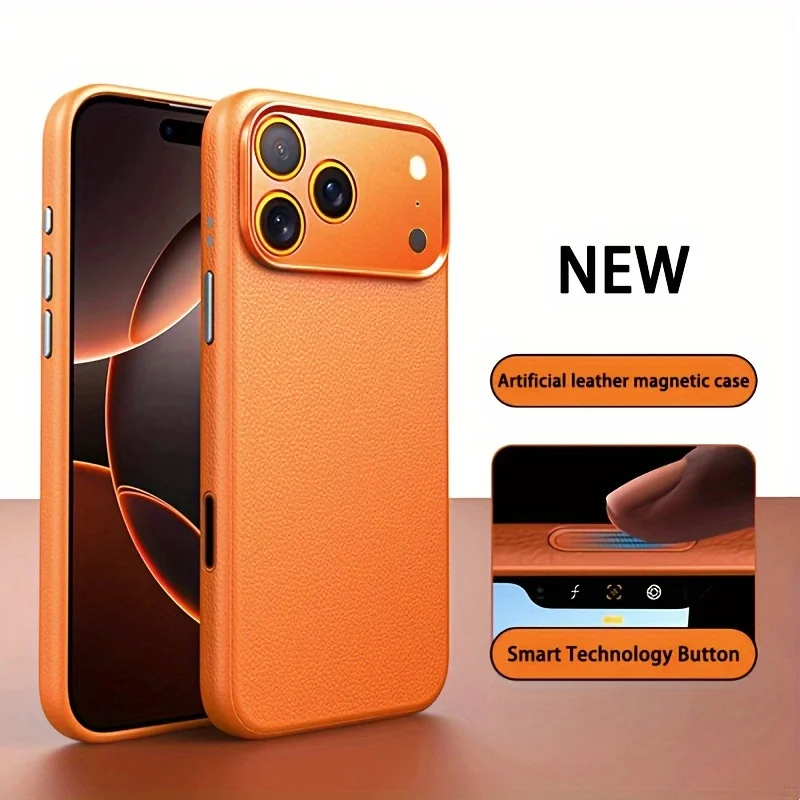 حافظة جلدية ذكية من جلد البولي يوريثان بزر AI لهاتف iPhone 17 Pro max، غطاء معدني رفيع للغاية بلون أساسي للشحن المغناطيسي #1