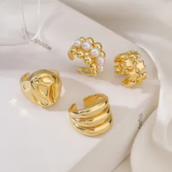 18K Gold Plated Brass Vintage Geometric Wave Rings For Women Gold Color Adjustable Rock Ring Aesthetic Wedding Jewelry Gift
