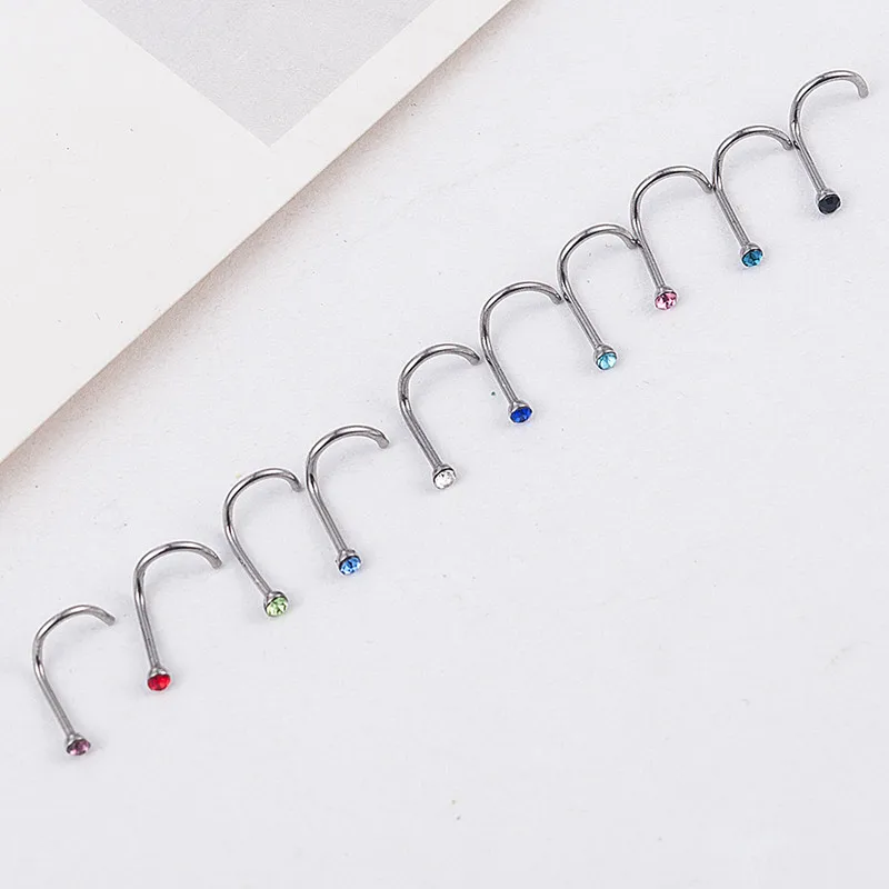 10 Pcs Stainless Steel Crystal Drill S Nose Nail Hypoallergenic Body Piercing Jewelry