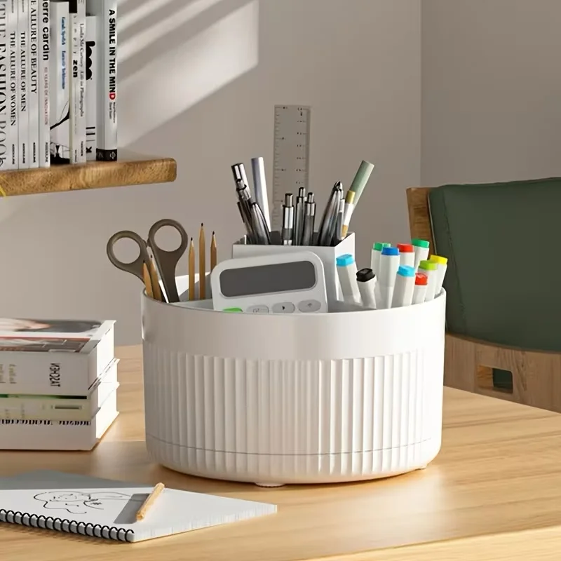 360-Degree Rotating Table And Drawer Organizer, Plastic Office Desktop Storage Box with 5 Compartments - Multifunctional Pencil image 2
