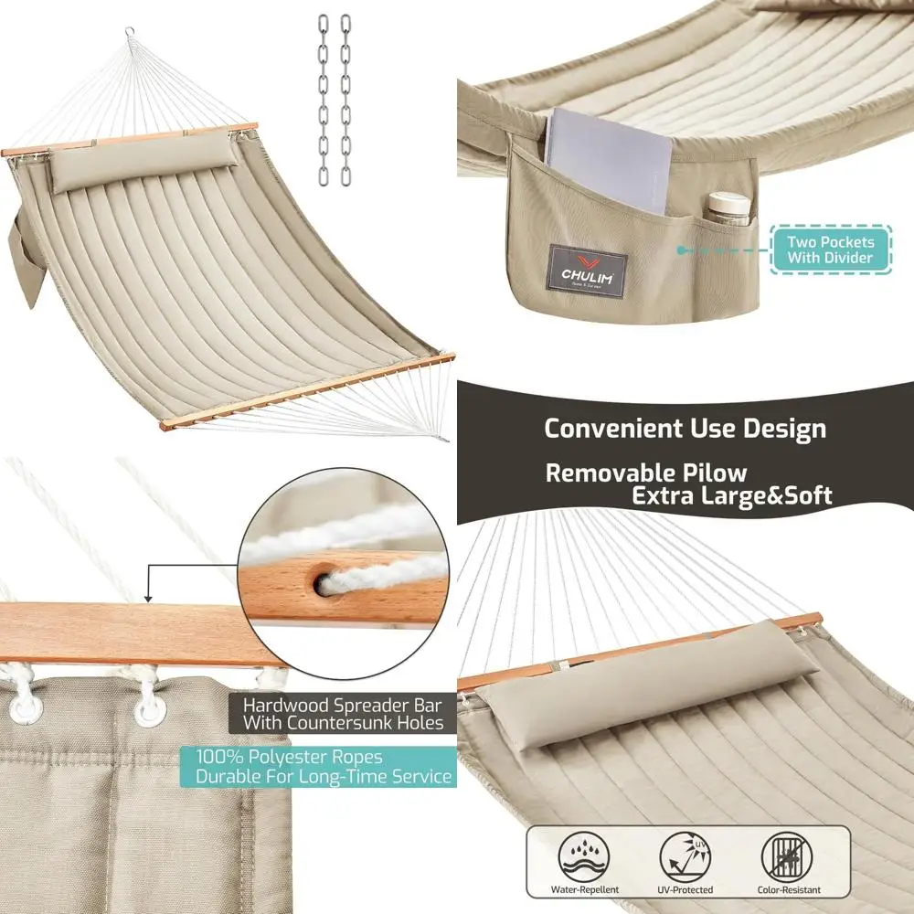 

Two-Person Large Outdoor Patio Hammock with Quilted Fabric, Hardwood Bars, Pillow, and 450 lbs Capacity