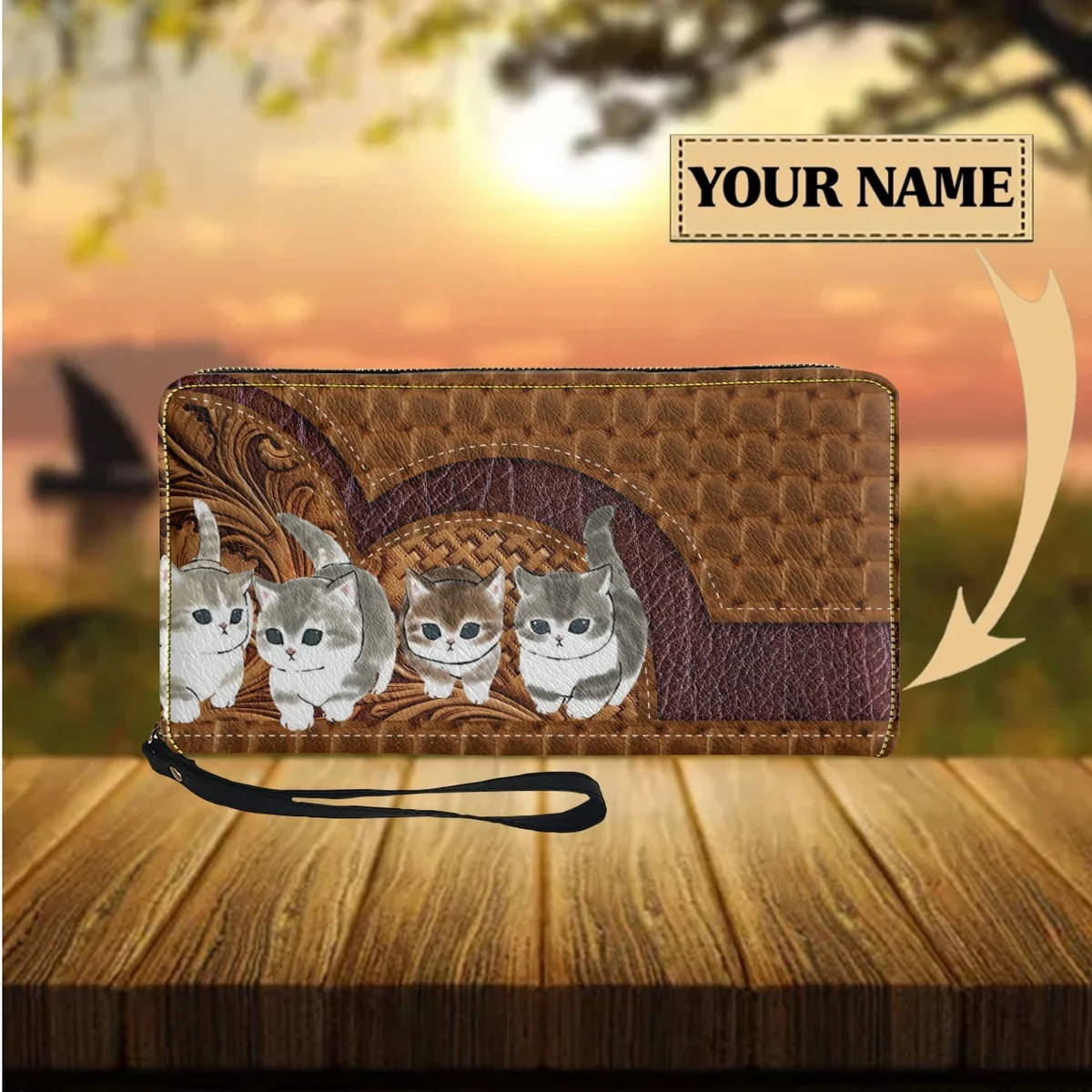 

Cartoon Cat PU Leather Zipper Clutch Fashion Small Long Wristband Ladies Wallet New Casual Travel Business Card Holder Phone Bag