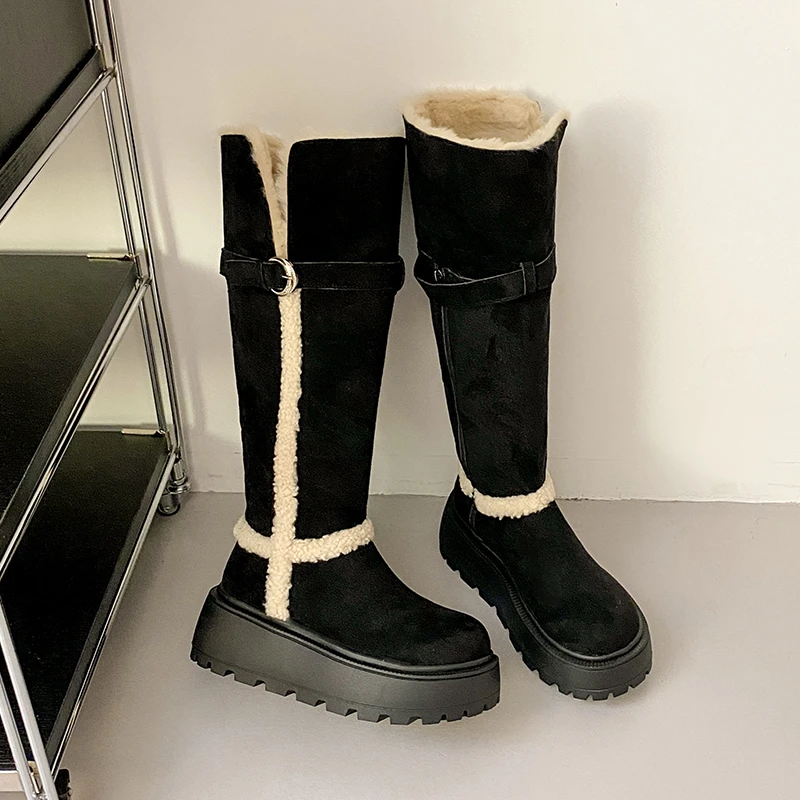 Botas hasta la rodilla de Invierno para Mujer, Botas de nieve cálidas de felpa, zapatos informales de algodón de ante de calidad, Botas de piel para Mujer, Botas de Invierno para Mujer