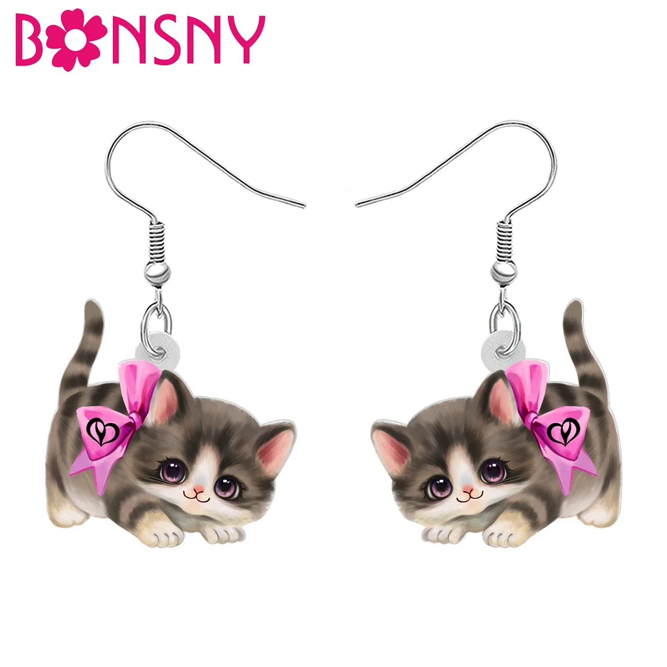 BONSNY Acrylic Sweet Bowknot Cat Kitten Earrings Drop Dangle Jewelry For Women Girls Kids Gifts Party Favors Accessories