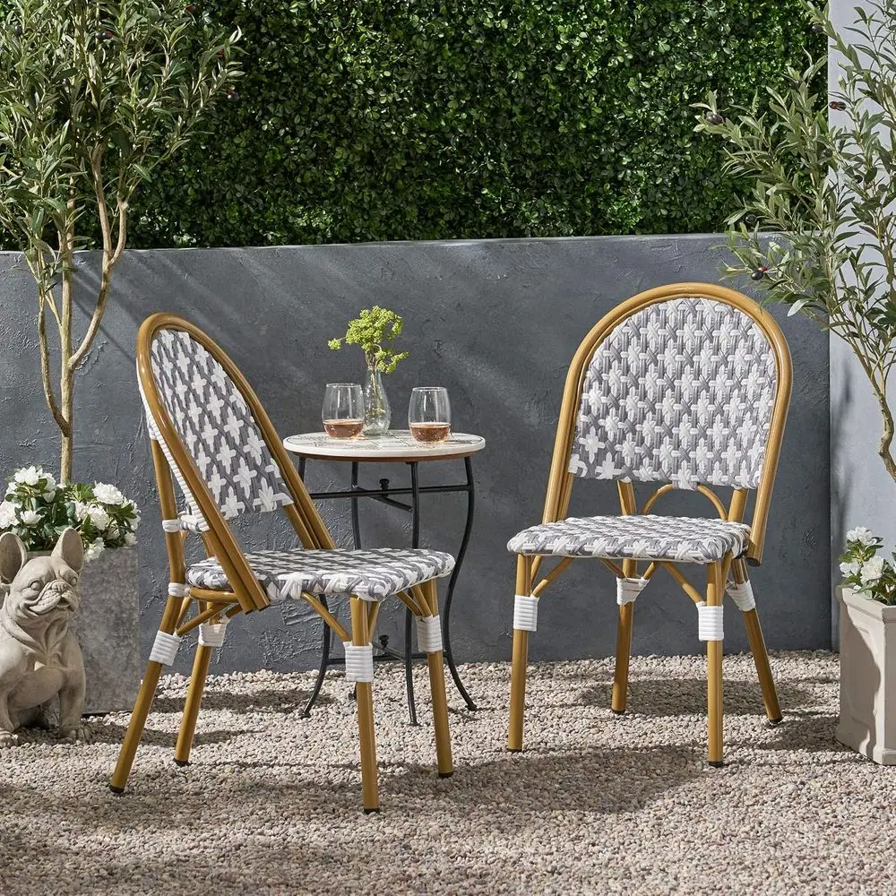 Gray and White Anastasia Outdoor French Bistro Chairs Set of 2 with Bamboo Print Finish