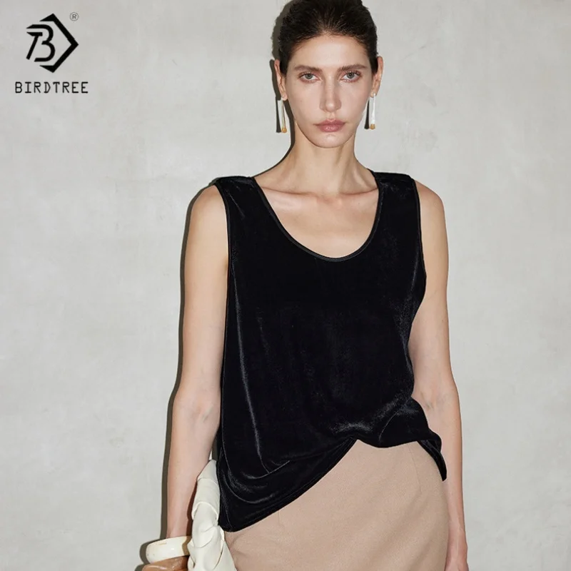 

Birdtree, базовая ткань, 100% шелковая майка, женские бархатные черные базовые майки, топы с круглым вырезом, новый повседневный жилет 2025 T5D816JF