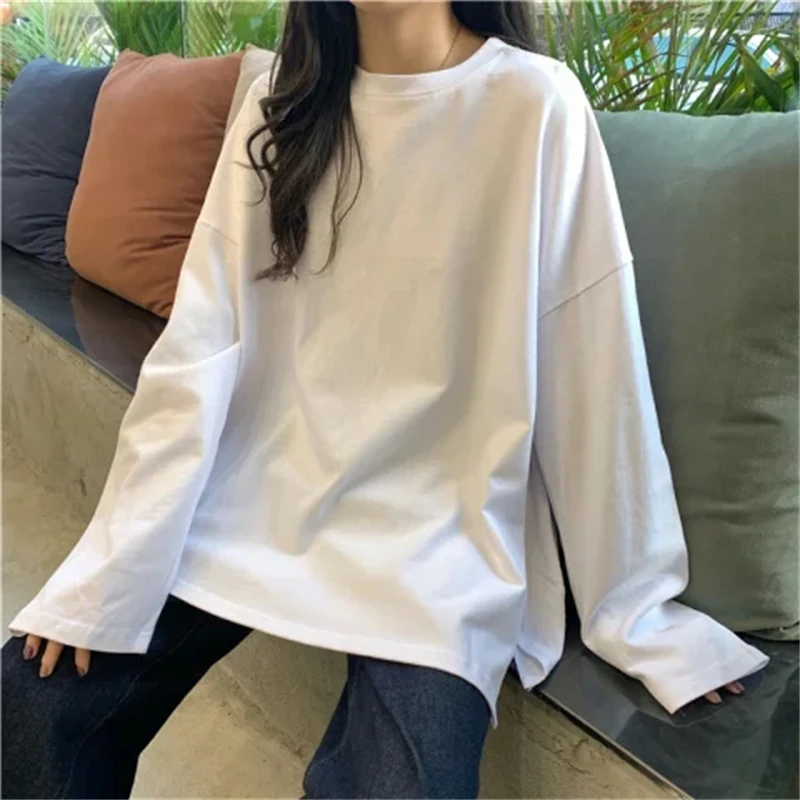 Women Clothing Korean Style Simple Oversized Tees Female Casual Streetwear Y2K Split T-shirt Solid O Neck Long Sleeve Basic Tops