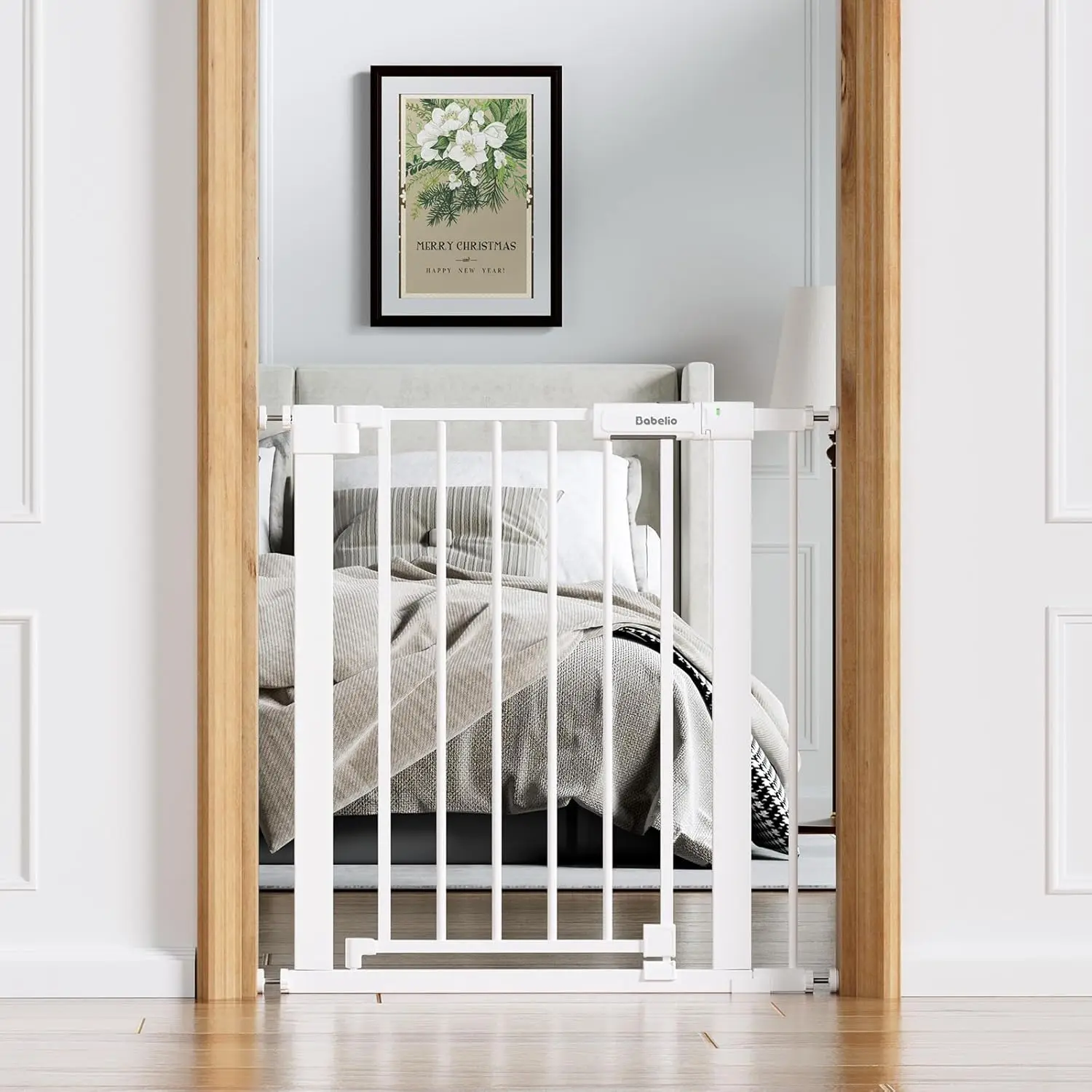 

Baby Gate for Doorways & Stairs, 26-31" Wide Walk Thru, Auto-Close, Dual Lock, Pressure Mount, No Drill, White