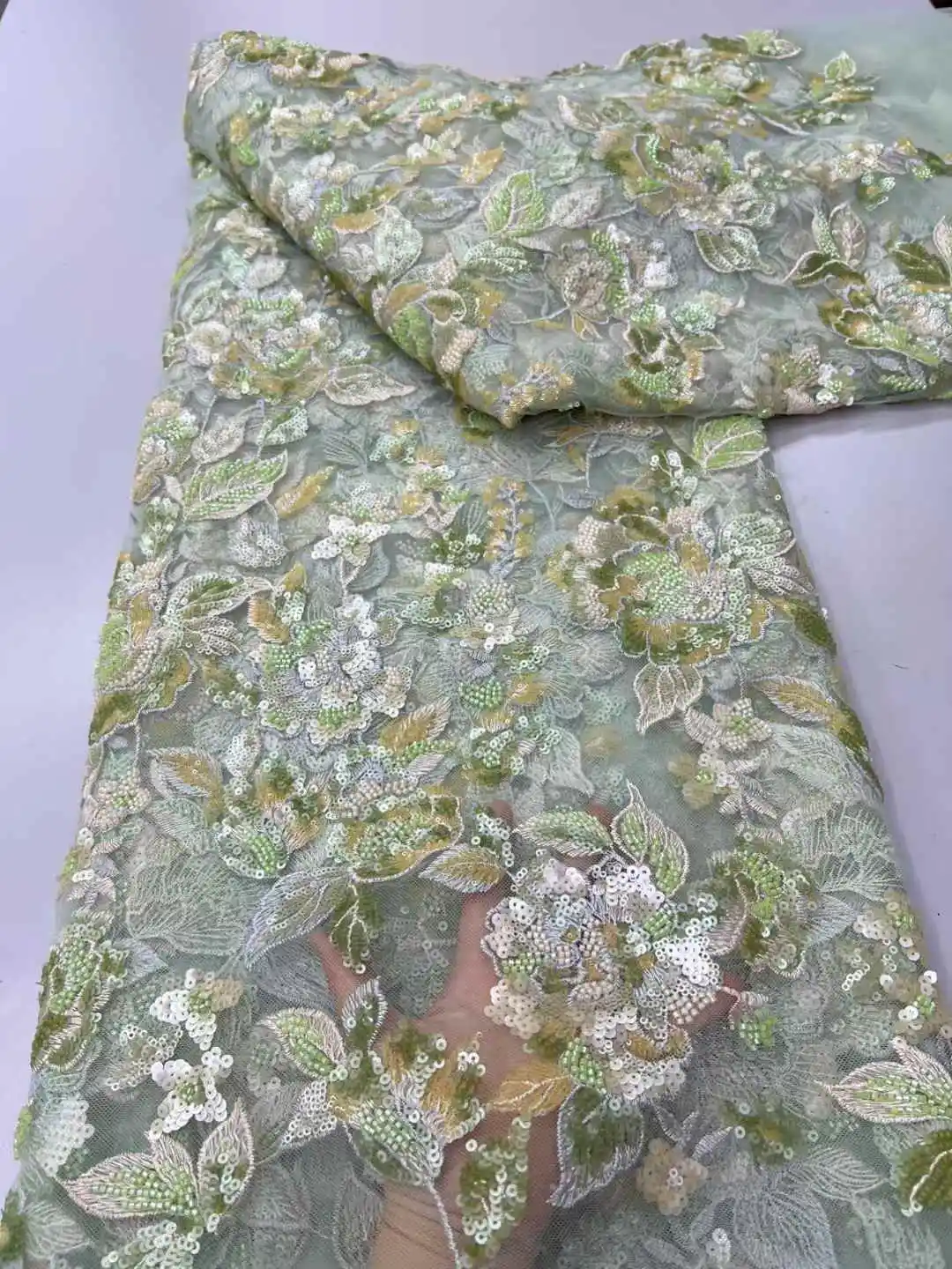 

African Nigerian Sequins Embroidery Tulle Lace Fabric, Sewing Beads Stone Prom Dresses, High Quality, 5Yards, 2025