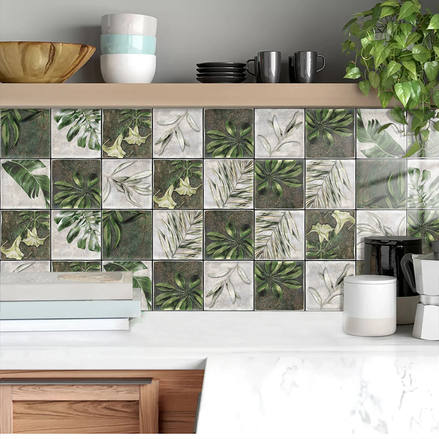 10pcs Retro Plant Hand-painted Style Tiles Sticker Kitchen Backsplash Oil-proof Washbasin Peel & Stick Waterproof Art Wall Decal
