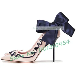 Bow-embellished Satin Pumps Women Pointy Toe Luxury Pearl Crystal Ruffle Decals Shoes Ladies Elegant Dreamy Summer Party Pumps