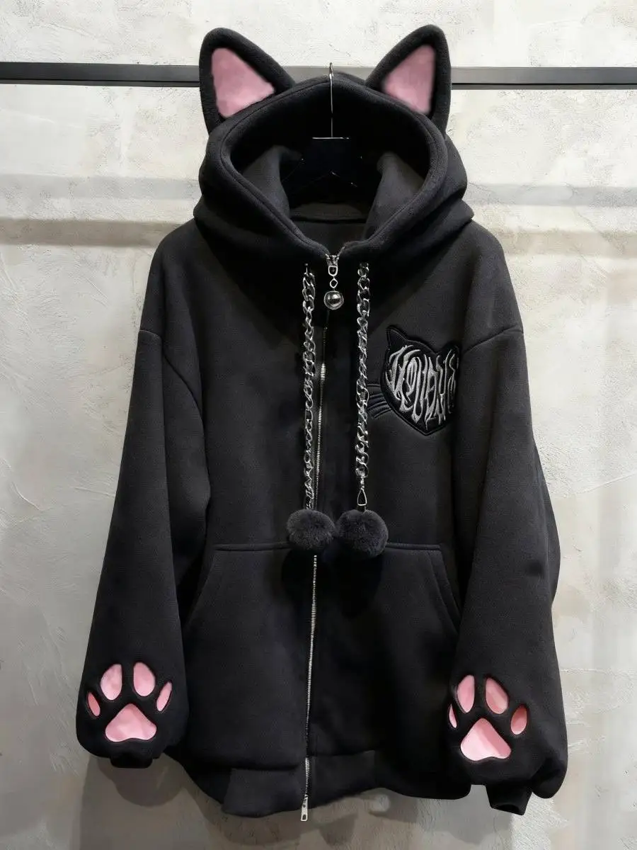 

Флисовая куртка с капюшоном и кошачьими ушками в стиле Y2K, с кошачьими лапками, длинными рукавами, для женщин, милый дизайн, черная кошка, панк-рок