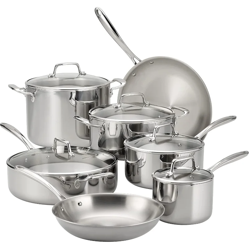 

Tramontina Tri-Ply Clad Stainless Steel 12-Piece Cookware Set with Glass Lids, Pots and Pans Kitchen Set, Induction-Ready