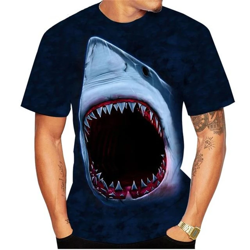 Horror Shark T-shirt Men's Clothing Round Neck T Shirts 3D Printed Sea Animal Outdoor Seaside Holiday Casual Street Tees Tops