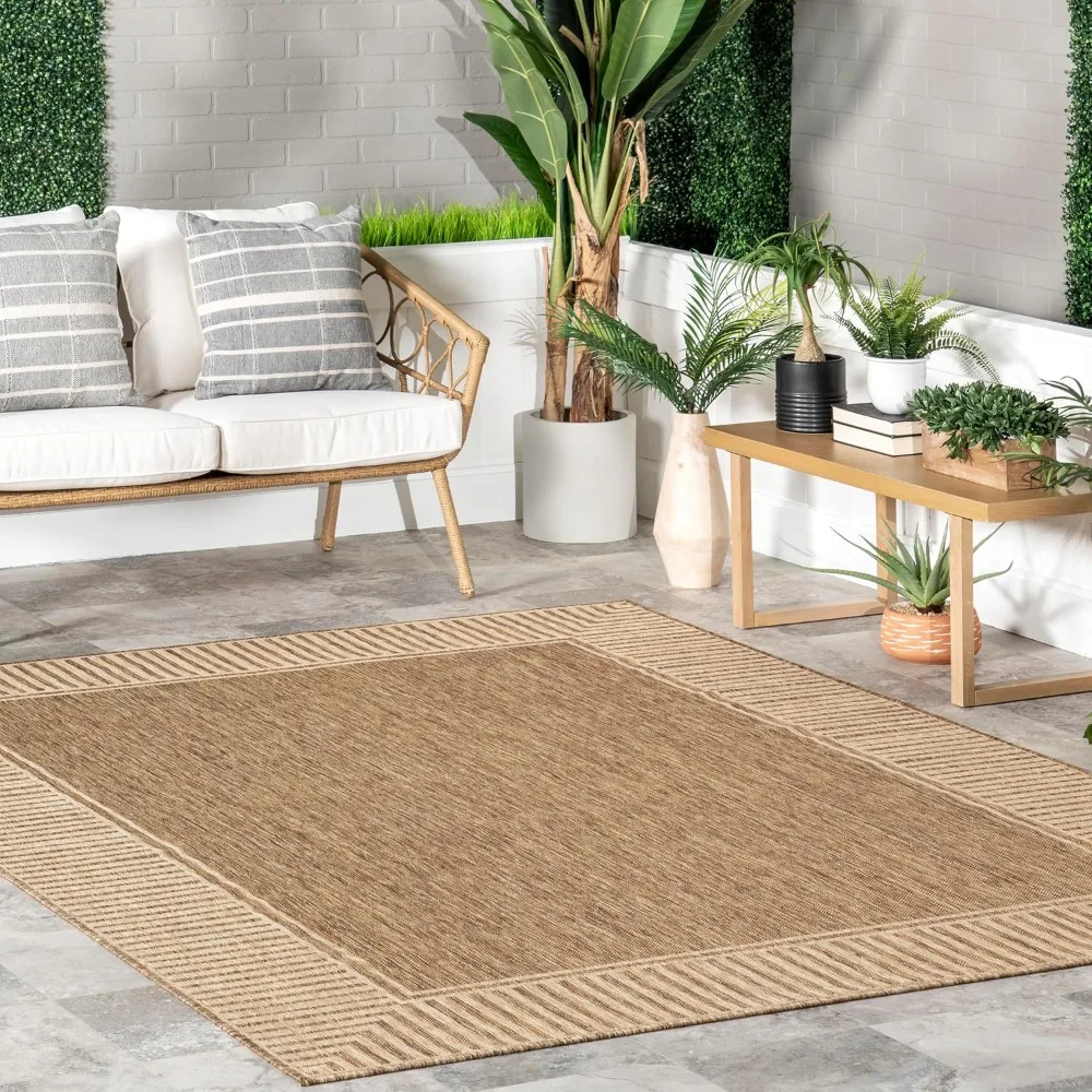 8' x 10' Outdoor Area Rug, Casual Design With Striped Border, Stain Resistant, Highly Durable, For Patio, Balcony, Bedroom