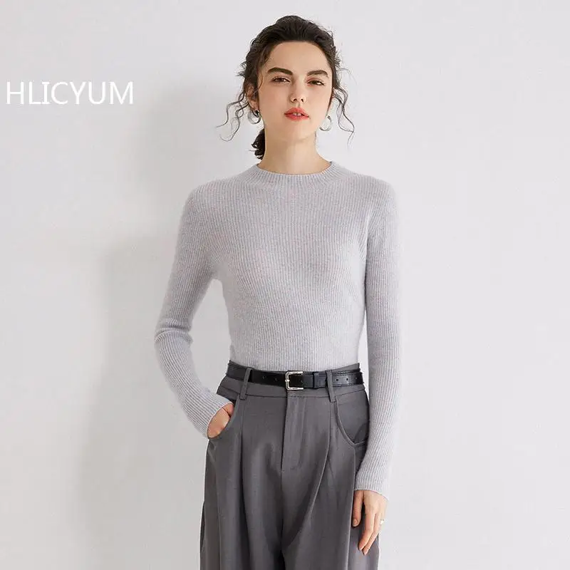 

Autumn Winter 100% Cashmere Sweater Women Knitwear Pullover Warm Solid Tight fitting Base Mock Neck Clothing Tops Fit Jumper