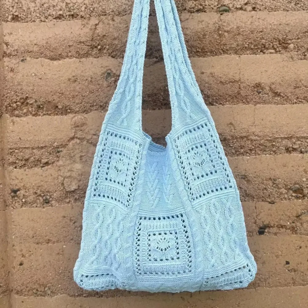 Tas Tangan Rajutan Manis Tas Bahu Belanja Kapasitas Besar Berongga Tas Pantai Musim Panas Warna Polos Poliester Setiap Hari