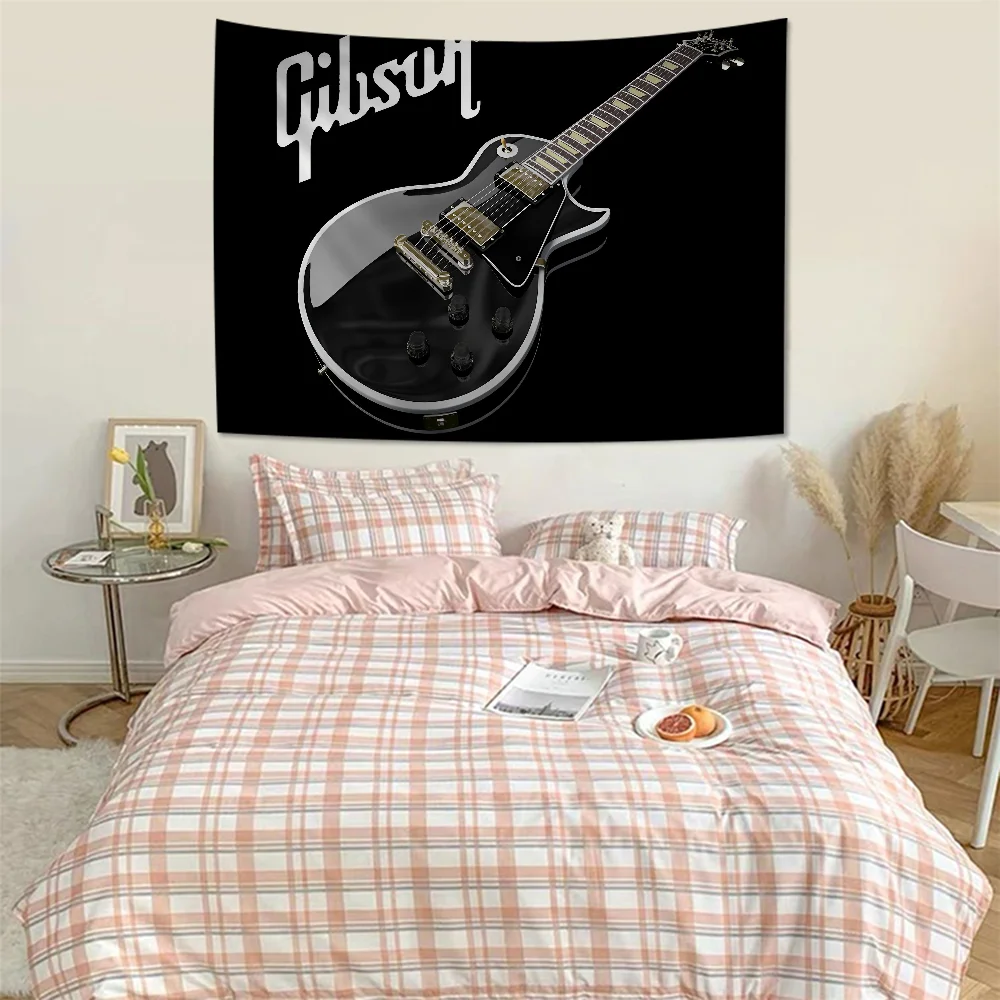 Gibson Guitar Logo Cartoon Tapestry Hippie Flower Wall Carpets Dorm Decor Art Home Decor