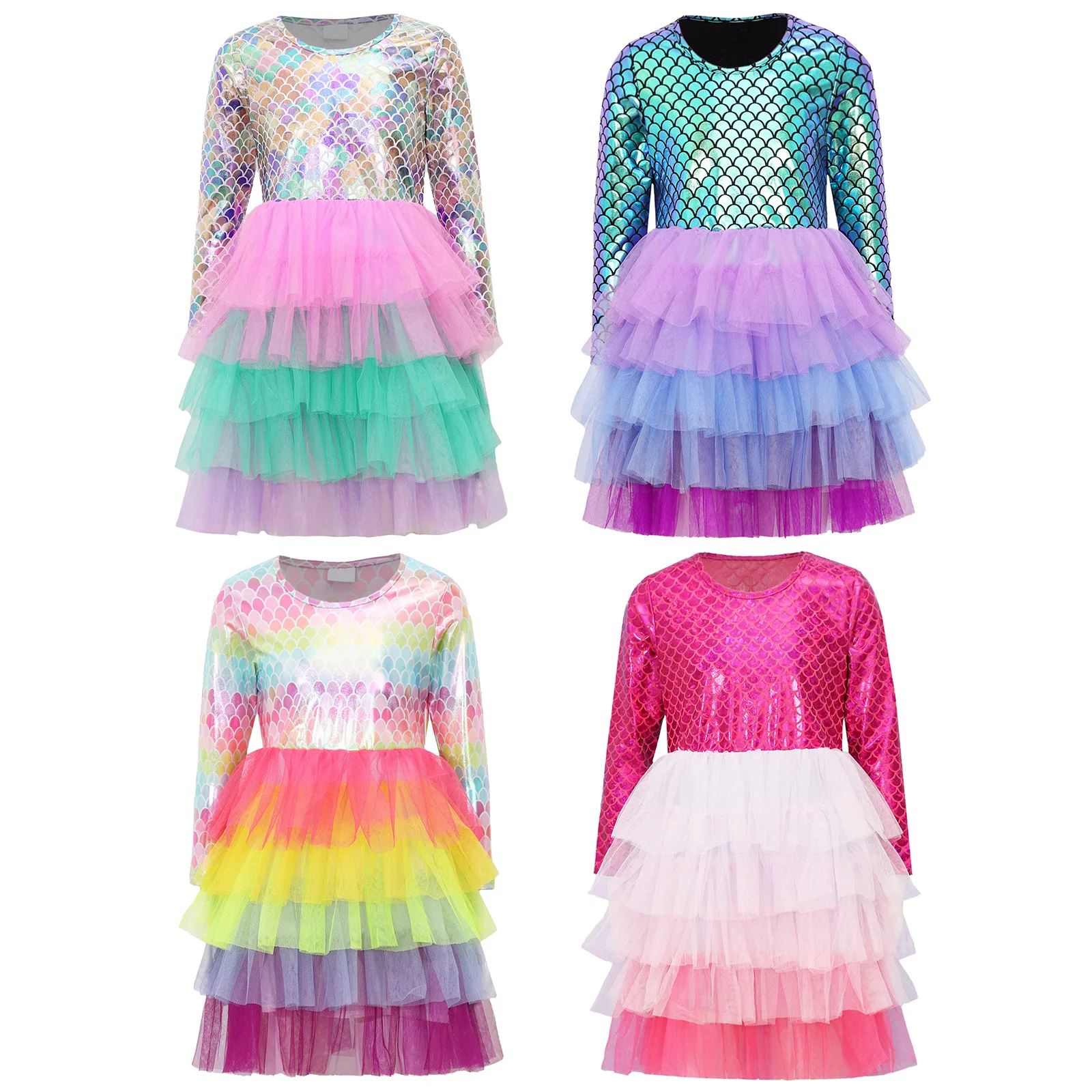 Kids Girls Long Sleeve Tutu Party Dress Fish Scale Tiered Dress Playwear Birthday Holiday Musical Festival Performance Costume