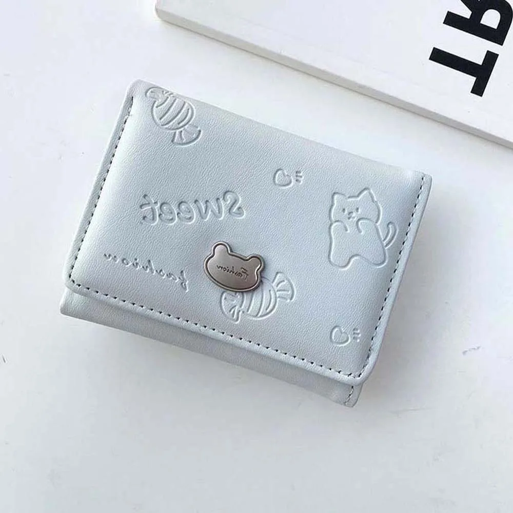 

Versatile Portable Cartoon Cat Purses Printed PVC Lady Short PU Wallet Candy Color Snap Button Triple Fold Card Bag Daily