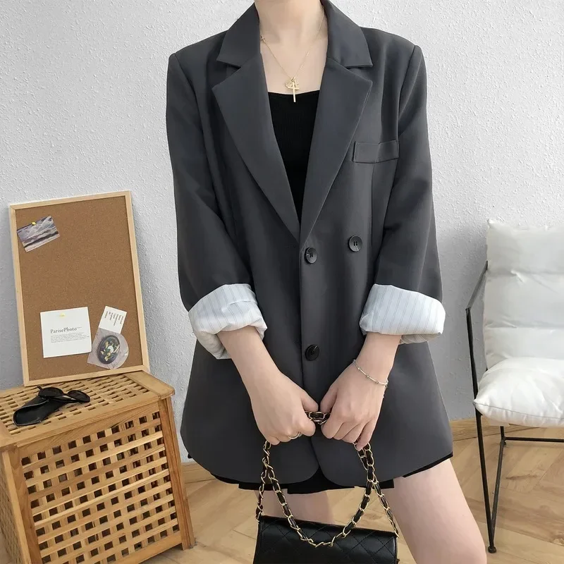 Long Sleeve Korean Chic Brown Blazers Solid Colors Loose Suits Single Breasted Women Bf Casual Blazer Office Lady Work Clothing