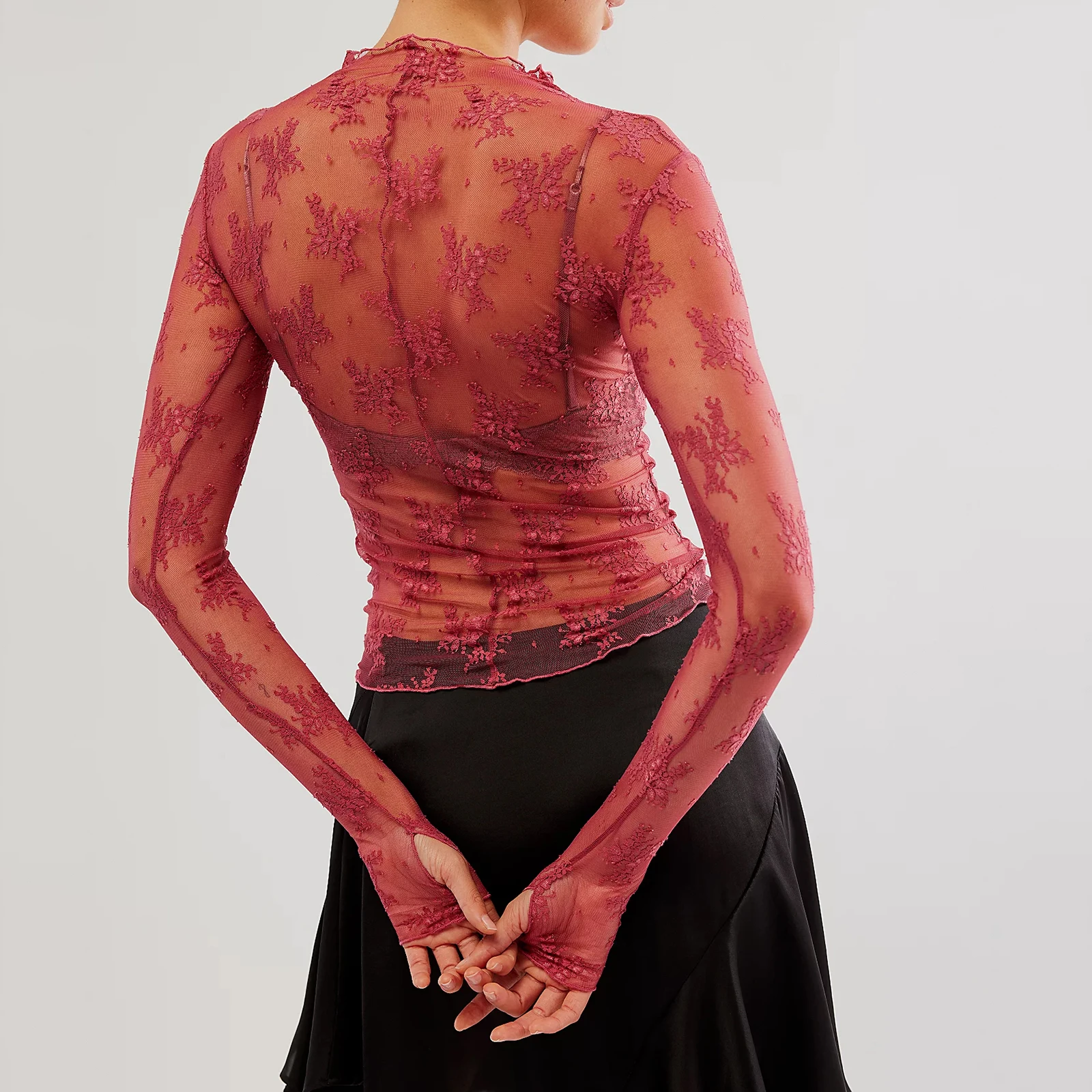 Printemps été femmes à manches longues T-Shirts maille transparent col montant dentelle chemises coupe ajustée dessus de chemise Streetwear