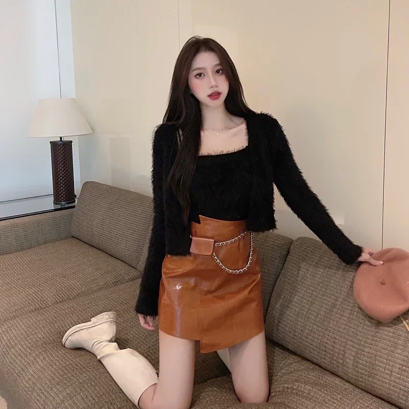 

Women's Spring Autumn Fashion Outerwear Sexy Solid Color V-Neck Knitted Top2-piece Set Cropped Sweater Jacket