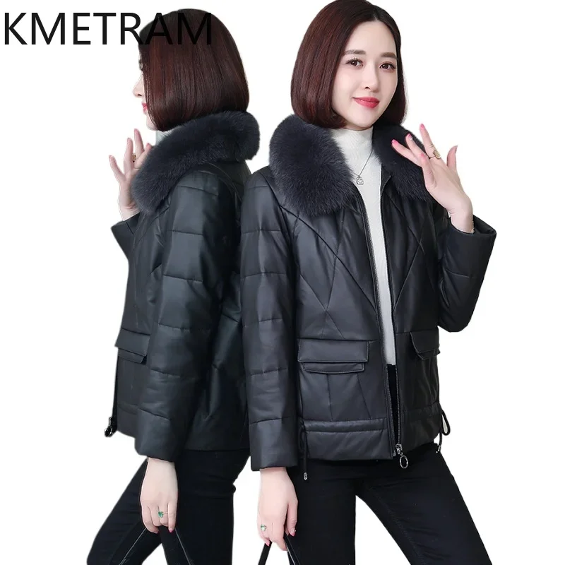 White Goose Down Women's Genuine Leather Puffer Jacket 100% Sheepskin Short Down Coats Fox Fur Collar Winter Clothes 2024 Kurtki