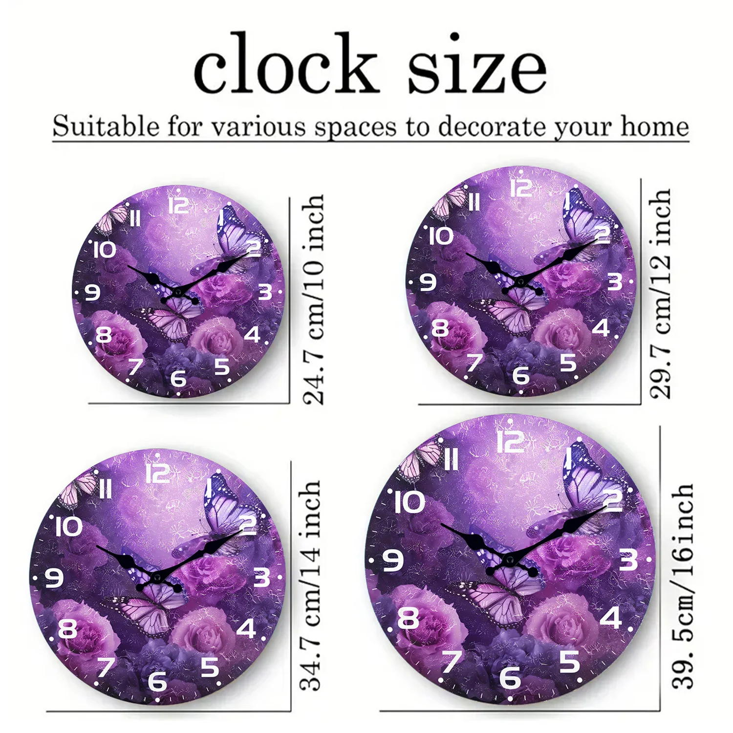 Personalized Purple Flower Butterfly Pattern Wooden Wall Clock Living Room Bedroom Kitchen Home Decoration Wall Clock Silent Quartz Clock Holiday