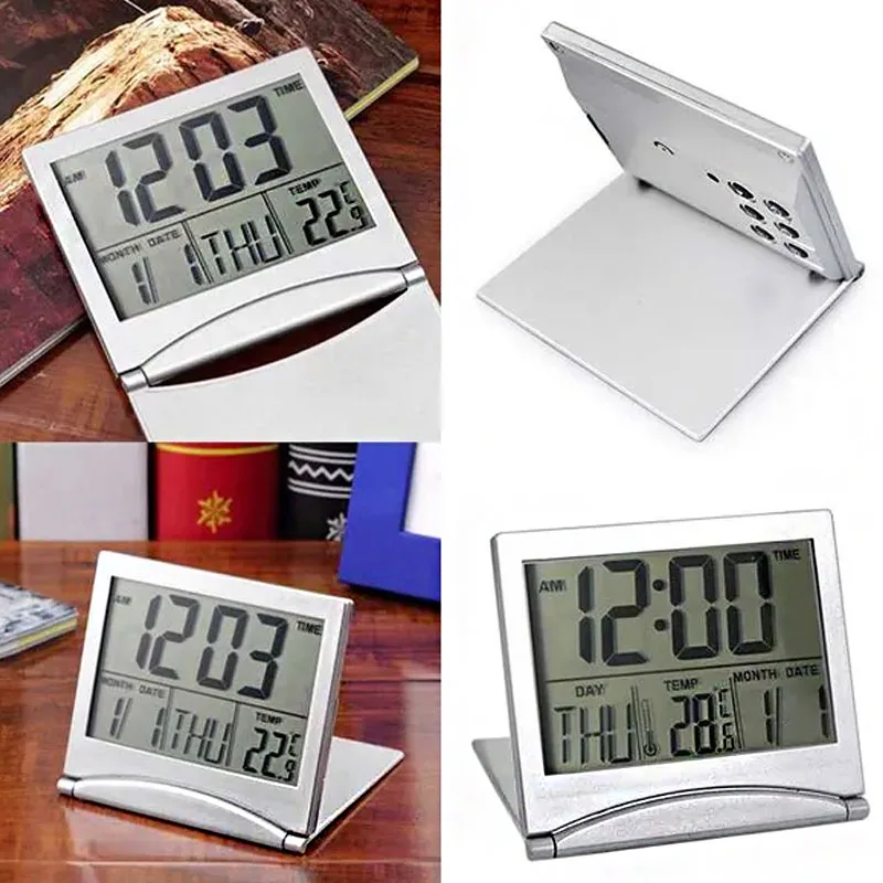 1Pcs Mini Folding Travel Alarm Clock LCD Digital Weather Station Desk Temperature  Desktop Clock Decoration for bedroom offices