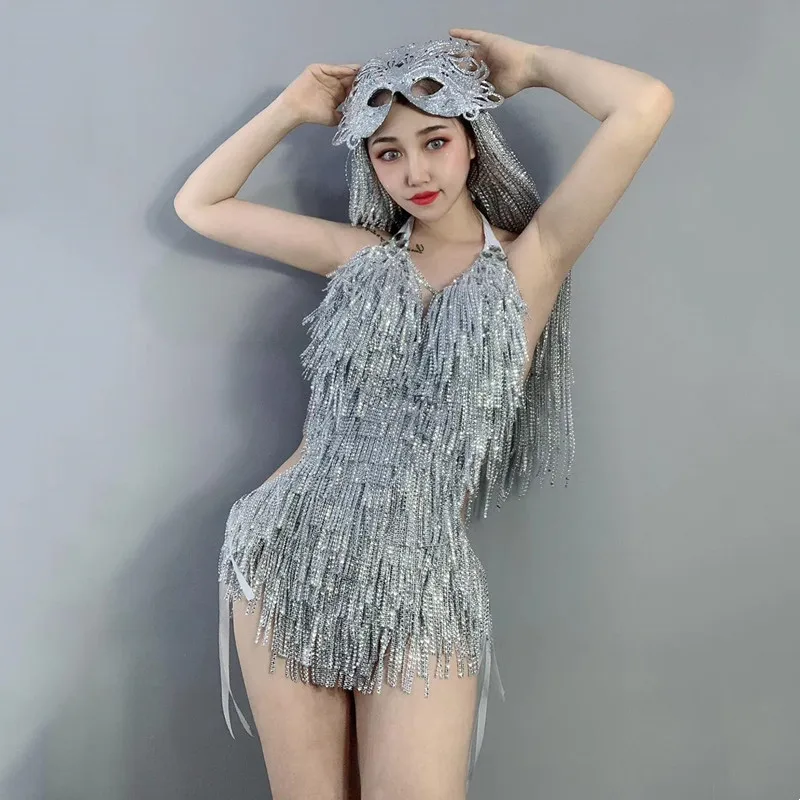 

Silver Shining Tassel Bikini Bodysuit Sexy DJ Singer Dancer Stage Wear Nightclub Bar Party Show Rave Outfits Gogo Dance Costume