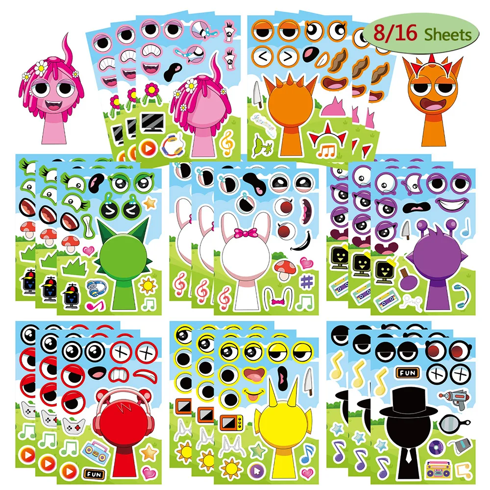 

8/16Sheets Incredibox Sprunki Funny Puzzle Sticker Make a Face Decals Game Kids Toys Cartoon Assemble Jigsaw Children Party Gift