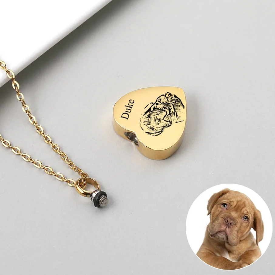 Custom Engraved Picture Pet Hair Remains Urn Memorial Pendant Ashes Necklace Pet Loss Gifts Cremation Portrait Memorial