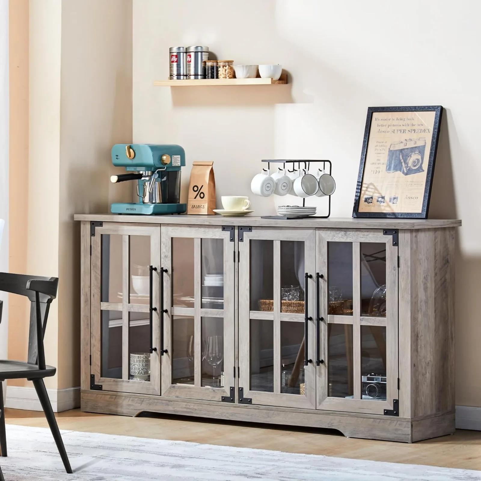 

US 63" Buffet Sideboard Cabinet with Storage, Modern Farmhouse Cabinet with 4 Glass Doors & Adjustable Shelf, Wood