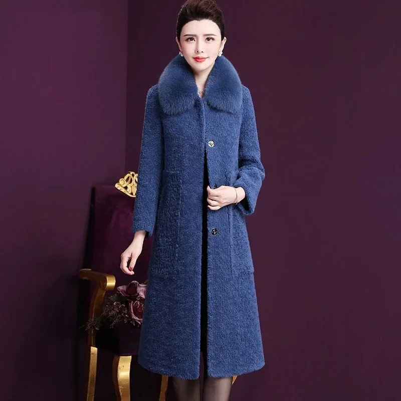 2023 inverno autunno donna vestiti, cappotto lungo di agnello di pelliccia di volpe calda spessa da donna, soprabito di cammello blu 4xl per le donne