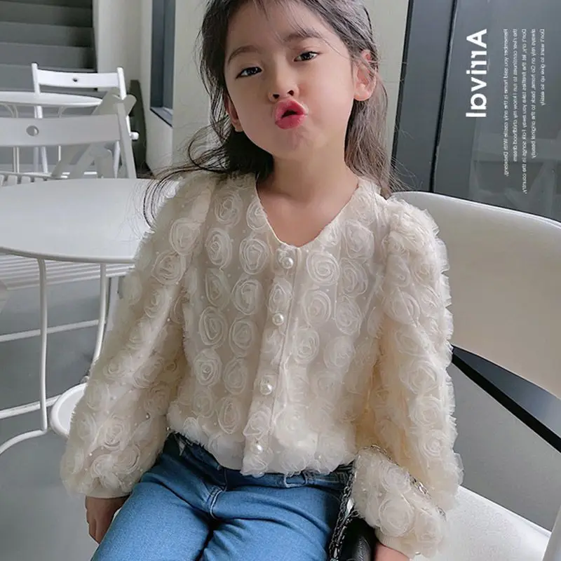 Spring Autumn Baby and Girls Sweet 3D Lace Gauze Flower Patchwork Single-Breasted Jacket School Kid Coat Child Outfit Top 2-13Yr