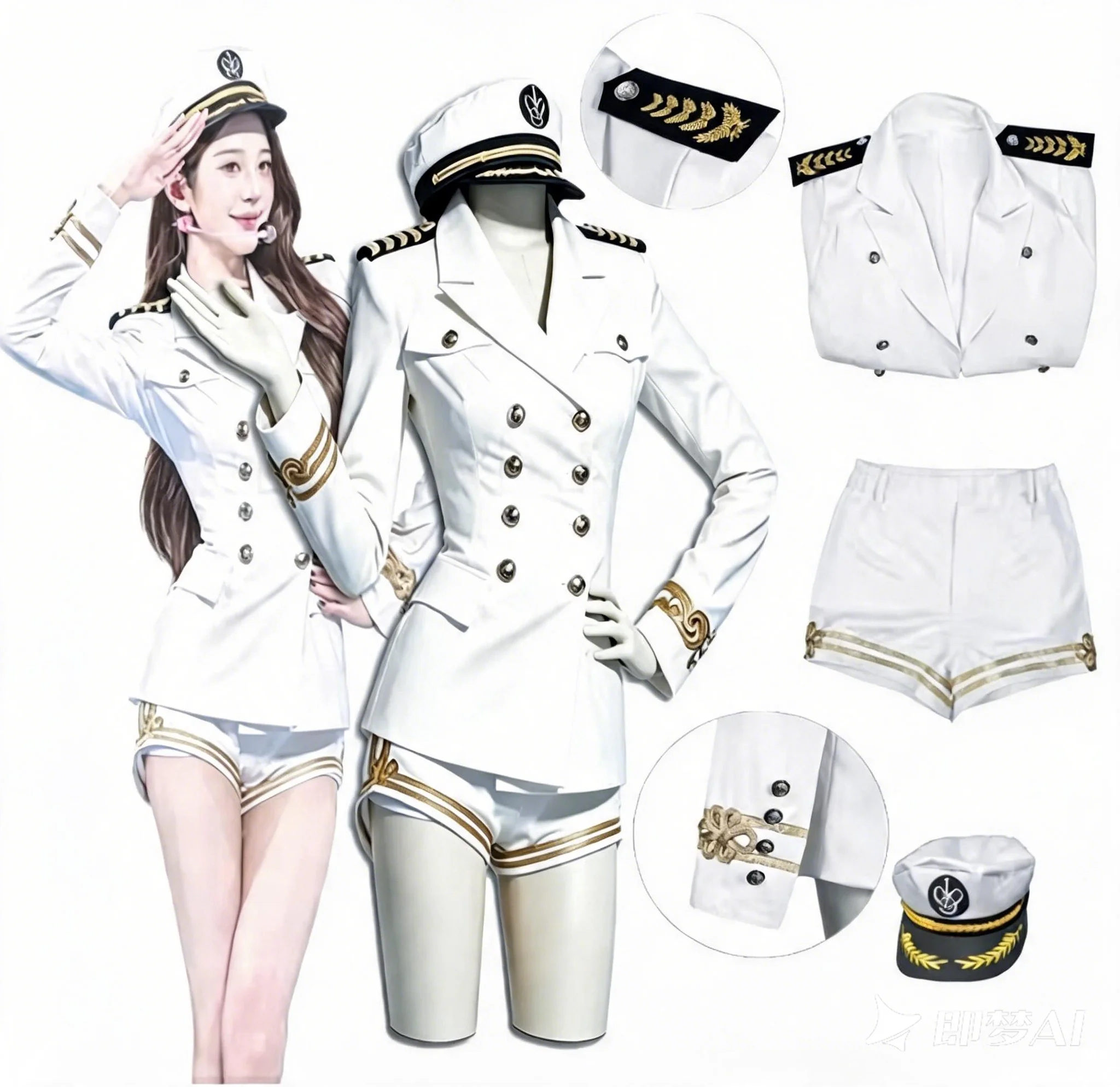Women White Navy Captain Costume 3 Piece Set Gold Trim Sailor Uniform Blazer Shorts Hat Halloween Cosplay Party Outfit