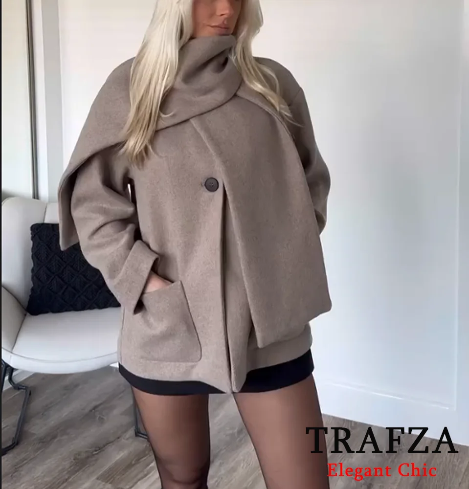 

TRAFZA-Women Casual Blended Jacket Scarf Collar Button Kangaroo Pocket Coat New 2025 Spring Fall Fashion Elegant Versatile Coat